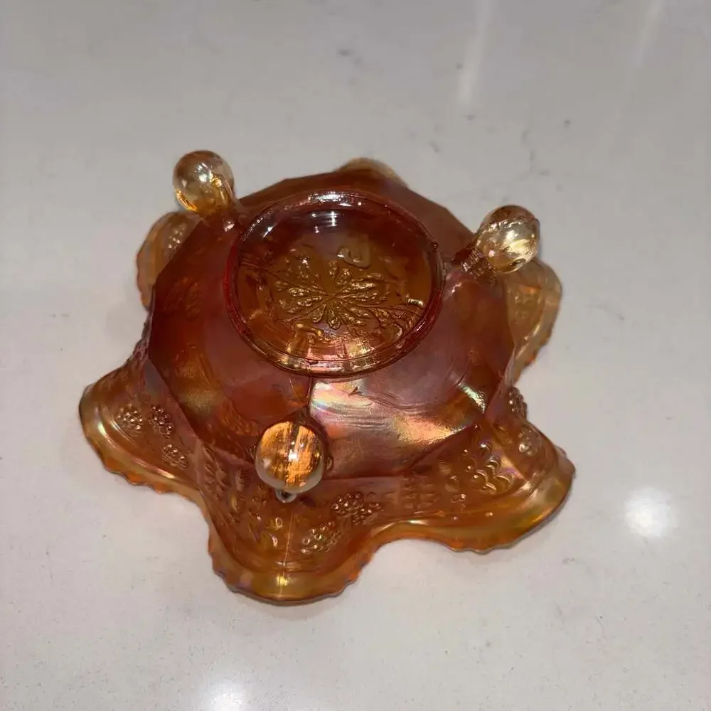 Fenton Antique Marigold Carnival Glass Panther Pattern 3-Footed Ruffled Bowl